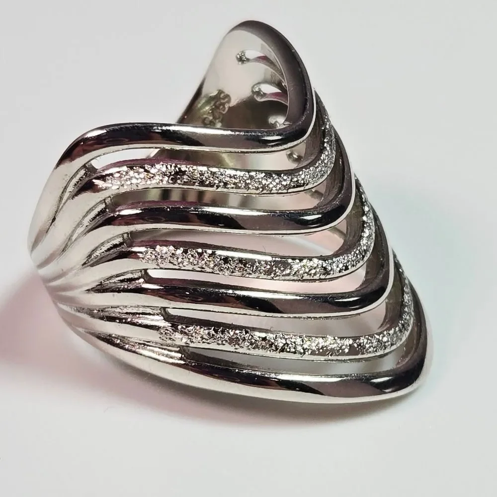 Sterling Silver Cascade Curl Wave Statement Ring – Wide Sculptural Layered Luxe